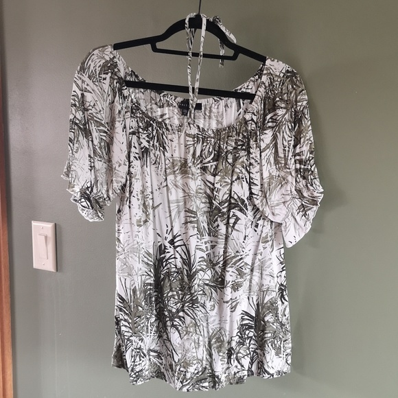 Sanctuary Green Tiki Palm Tropical Print Off The Shoulder 3/4 Sleeve Top Sz L - Picture 2 of 11